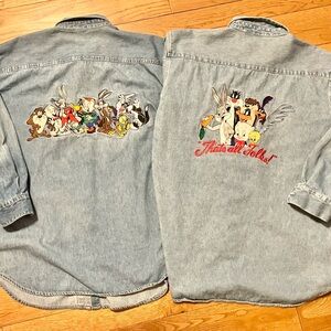 1990s Acme Looney Tunes Denim Shirts Size XL Embroidered Patch Double Sided